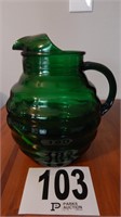 ANCHOR HOCKING FOREST GREEN RIBBED PITCHER 9 IN