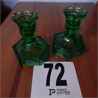 PR FOSTORIA GREEN COIN GLASS CANDLESTICKS 4.5 IN
