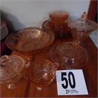 PINK DEPRESSION GLASS "CABBAGE ROSE" 25 PC