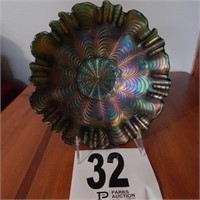 FOOTED, FLUTED CARNIVAL GLASS BOWL 8 IN