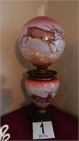 ANTIQUE LAMP WITH RARE HAND-PAINTED ELK GLASS