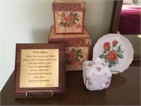 Lot of Bedroom Decor, Boxes, Covered Dish, Plaques