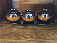 3 Brown Glazed Candleholders on Tray