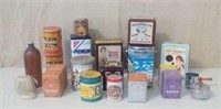 Collectible tins, old Purex bottle, small jar