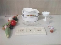 Baking dishes, milk glass dish, glass fruit