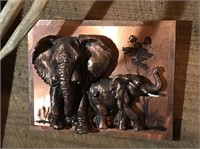 Brass-Plated Mom and Baby Elephant Wall Art