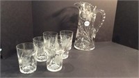 CUT CRYSTAL PITCHER + 6 MATCHING GLASSES
