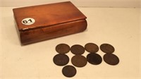 LARGE PENNIES IN WOODEN BOX