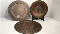 2 PEACOCK BRASS TRAYS - 9" D & PEACOCK BOWL - 8"