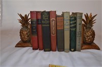 Lot of 8 Antique Books & 2 Pineapple Bookends