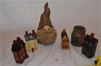 Lot of 4 Village Houses, a Gnome, & Ceramic Jar