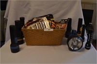 Lot of 8 Flashlights and Basket Full of Batteries