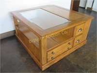 Oak Coffee Table w/ 6 Drawers & Beveled Glass