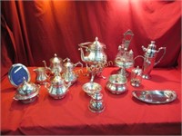 Silver Plate: Cruet Set, Tea Pots, Sugar Jar,
