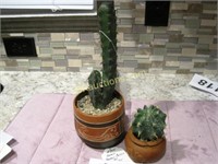 2 SMALL INDIAN POTS WITH ARTIFICIAL CACTUS