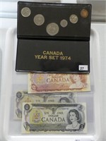 1974' MINT SET, TWO 1973 $1 & 1974 $2 BANK NOTES