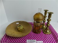 TRAY: 9" WOODEN BOWL, BRASS CANDLE STICKS, ETC.