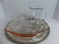 TRAY: ETCHED GLASS PITCHER, RUFFLED BOWL, ETC.