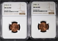1952-D & 1958 LINCOLN CENTS NGC MS66 RD