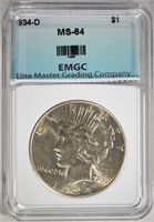 1934-D PEACE SILVER DOLLAR, EMGC CH/GEM BU