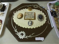 MIRRORED TRAY, CAMEO BROOCHES, MOP COMPACT