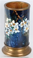 ROOKWOOD PAINTED VASE, w/ BRASS LINER AND BASS
