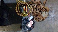 3 power ext cords, mixed sizes of rope & other