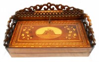 Antique Inlaid Wood Writing Lap Desk w/Key