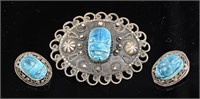 Egyptian Silver & Faience Scarab Pin