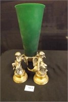 GREEN GLASS VASE ON GOLD COLORED 3 CHERUBS BASE