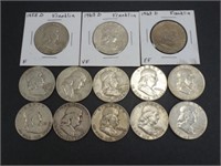 13 Franklin Half Dollars - 90% Silver