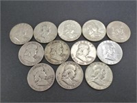 12 Franklin Half Dollars - 90% Silver