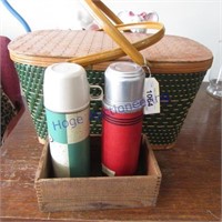 Picnic basket, wood box, 2 thermos