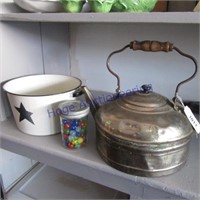Tea pot, enamel pan & jar of  marbles