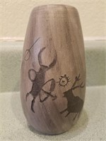 Vase, Gray, Carved, Signed, 6" Tall