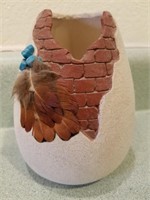 S W Design Vase W/ Feathers, Signed, 6" Tall