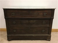 ANTIQUE MARBLE TOP CHEST WITH BRASS PULLS