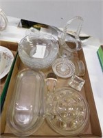 5 Fostoria bowls - glass pestle -glass basket-