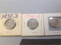 3- 1938 nickels, 1938 d/S buffalo, 2-1938d