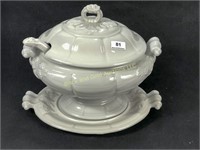 Large White Pottery Soup Tureen with Ladle