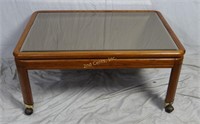Vtg Wood & Glass Top Rolling Coffee Sofa Table