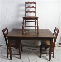 Antique Oak Wood Dining Kitchen Table & 3 Chairs