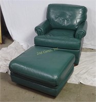 Ethan Allen Premium Green Leather Chair & Ottoman