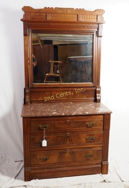 Antique Eastlake Red Marble Top Dresser, Eastlake Marble Top Dresser With Mirror