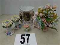 Small vase, pink vase with flowers, candlestick,