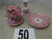 2 small saucers, cup w/ flowers, candle holder,