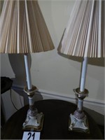 Pair of 33" tall lamps with shades, brass and