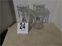 2 crystal candlesticks with glass prisms, 9.5"