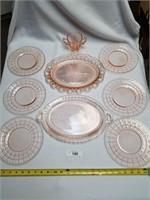 9 Pink Glass Pieces-6 Plates, 2 Serving Trays, 1 S