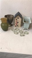 Bird house, candle holders, vases with planter